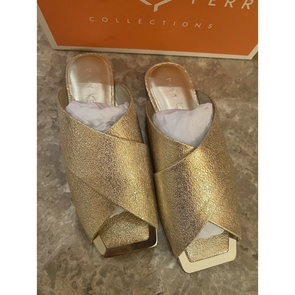 Checked Slide Sandal Shoe Size 10 NEW Metallic Champagne Gold Women Katy Perry…